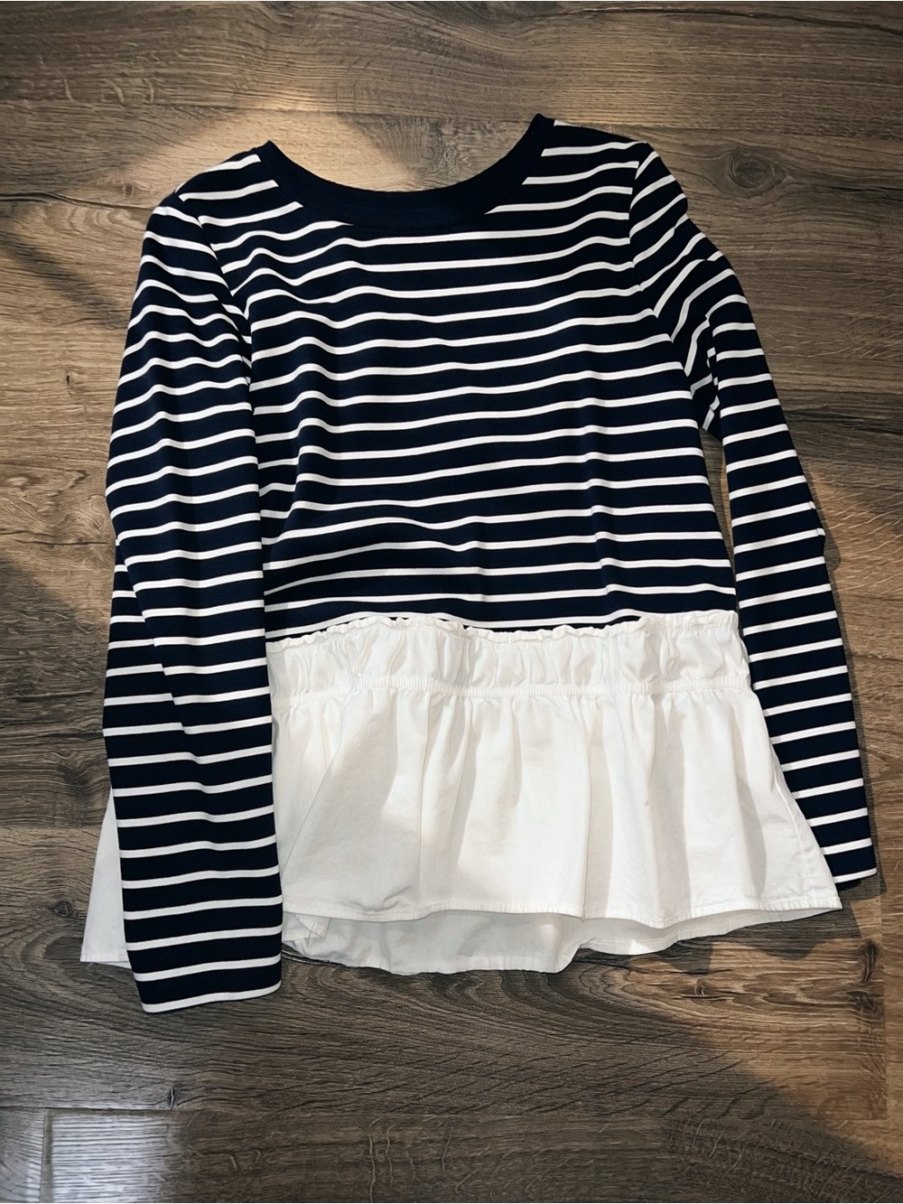 crown & ivy Navy and White Striped Long-Sleeve Peplum Top